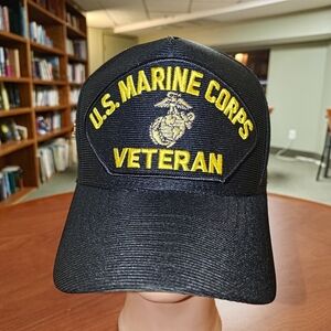 Vtg US Marine Corps Veteran Military Black Embroidered Patch + Pin Snapback Hat